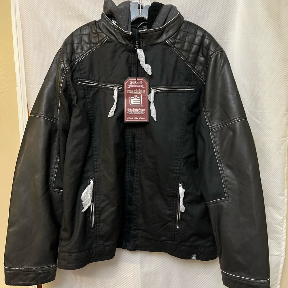 Men’s Machine Black Faux Leather WinterJacket with lots of pockets XL
